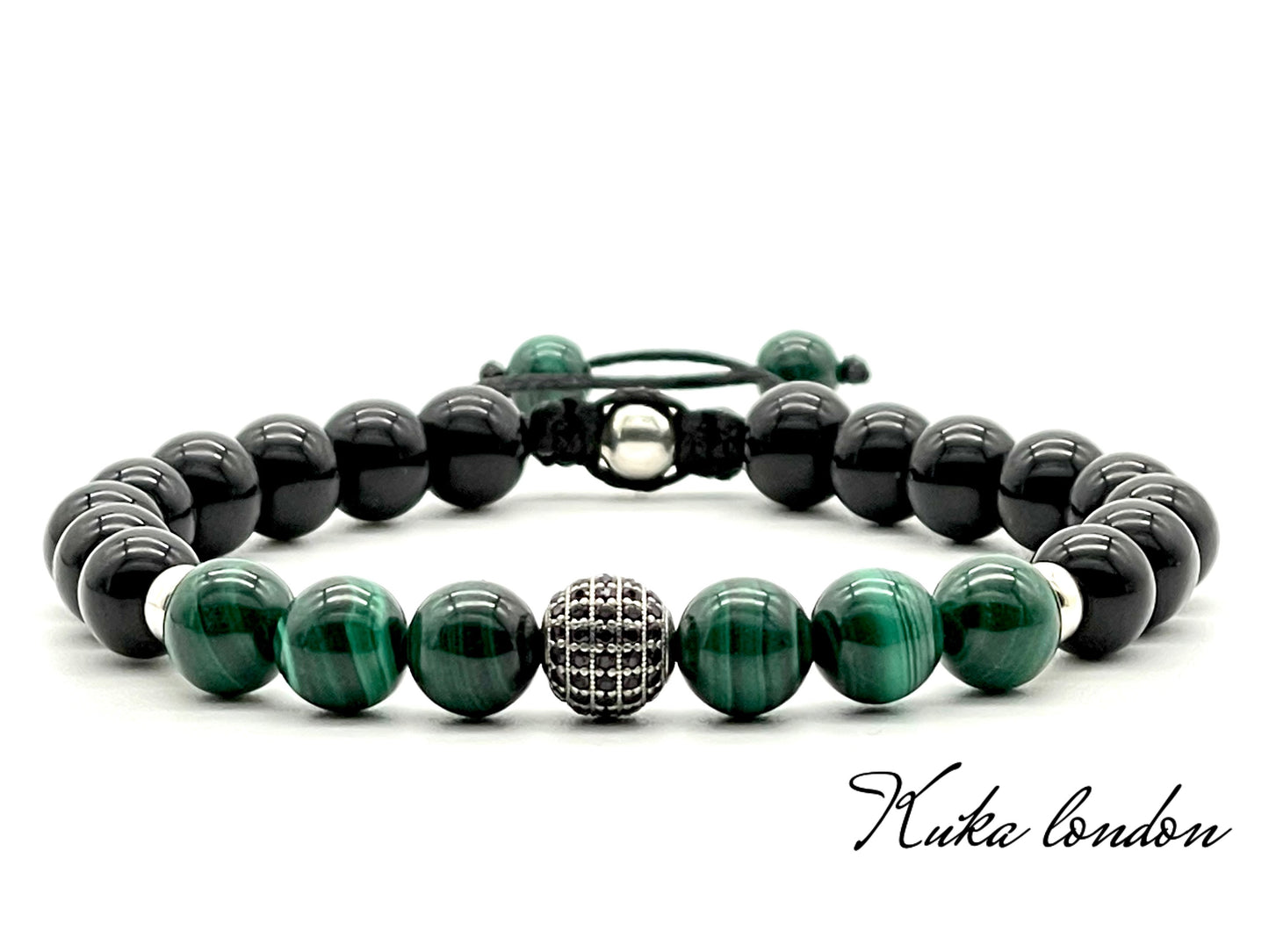 Malachite, Black Onyx & 925 Sterling Silver Zircon Gemstone Bracelet 8mm