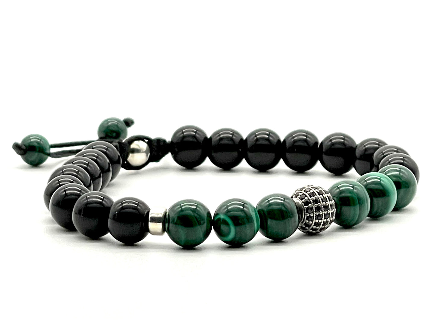 Malachite, Black Onyx & 925 Sterling Silver Zircon Gemstone Bracelet 8mm